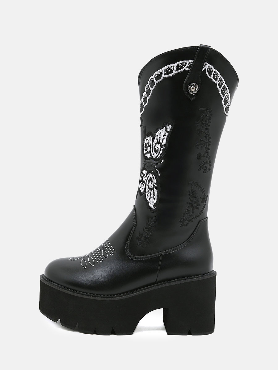 Women's Black Microfiber Embroidered Lug Sole Platform Block Heels Mid Calf Boots