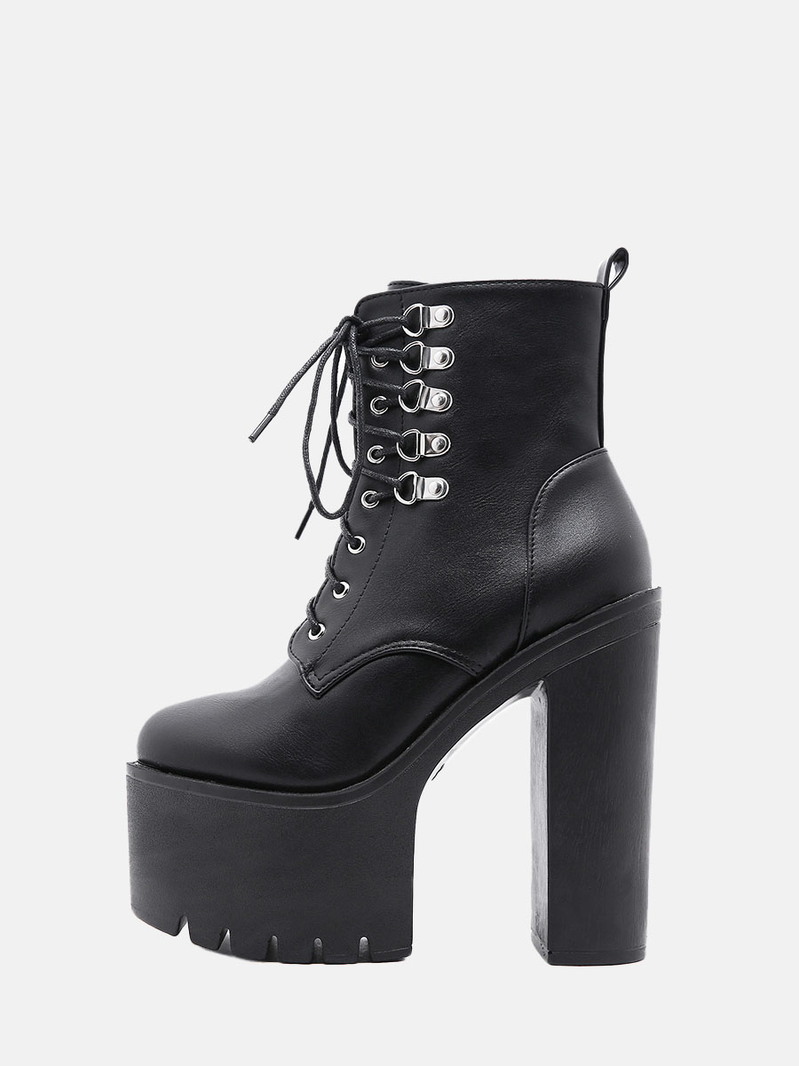 Women's Black Microfiber Lace-Up Lug Sole Platform Block Heels Ankle Boots