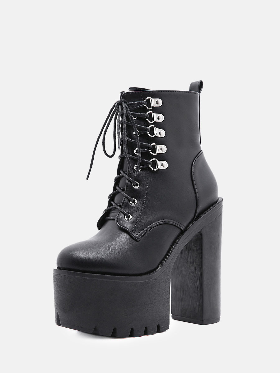 Women’s Black Microfiber Lace-Up Lug Sole Platform Block Heels Ankle Boots (5)