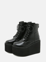 Women's Black Microfiber Lace-Up Zipper Platform Ankle Boots