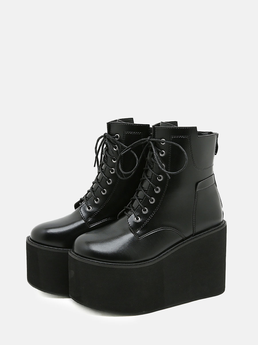 Women’s Black Microfiber Lace-Up Zipper Platform Ankle Boots (1)
