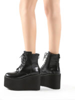 Women's Black Microfiber Lace-Up Zipper Platform Ankle Boots