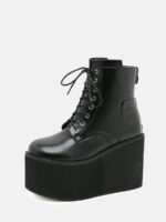 Women's Black Microfiber Lace-Up Zipper Platform Ankle Boots
