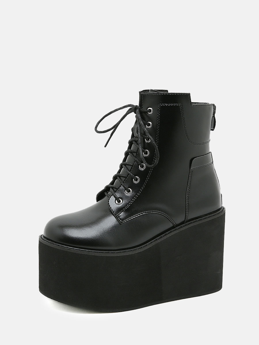 Women's Black Microfiber Lace-Up Zipper Platform Ankle Boots