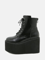 Women's Black Microfiber Lace-Up Zipper Platform Ankle Boots