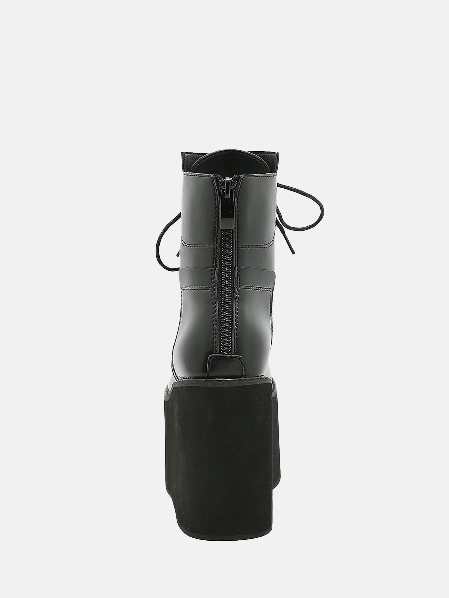 Women's Black Microfiber Lace-Up Zipper Platform Ankle Boots