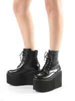 Women's Black Microfiber Lace-Up Zipper Platform Ankle Boots