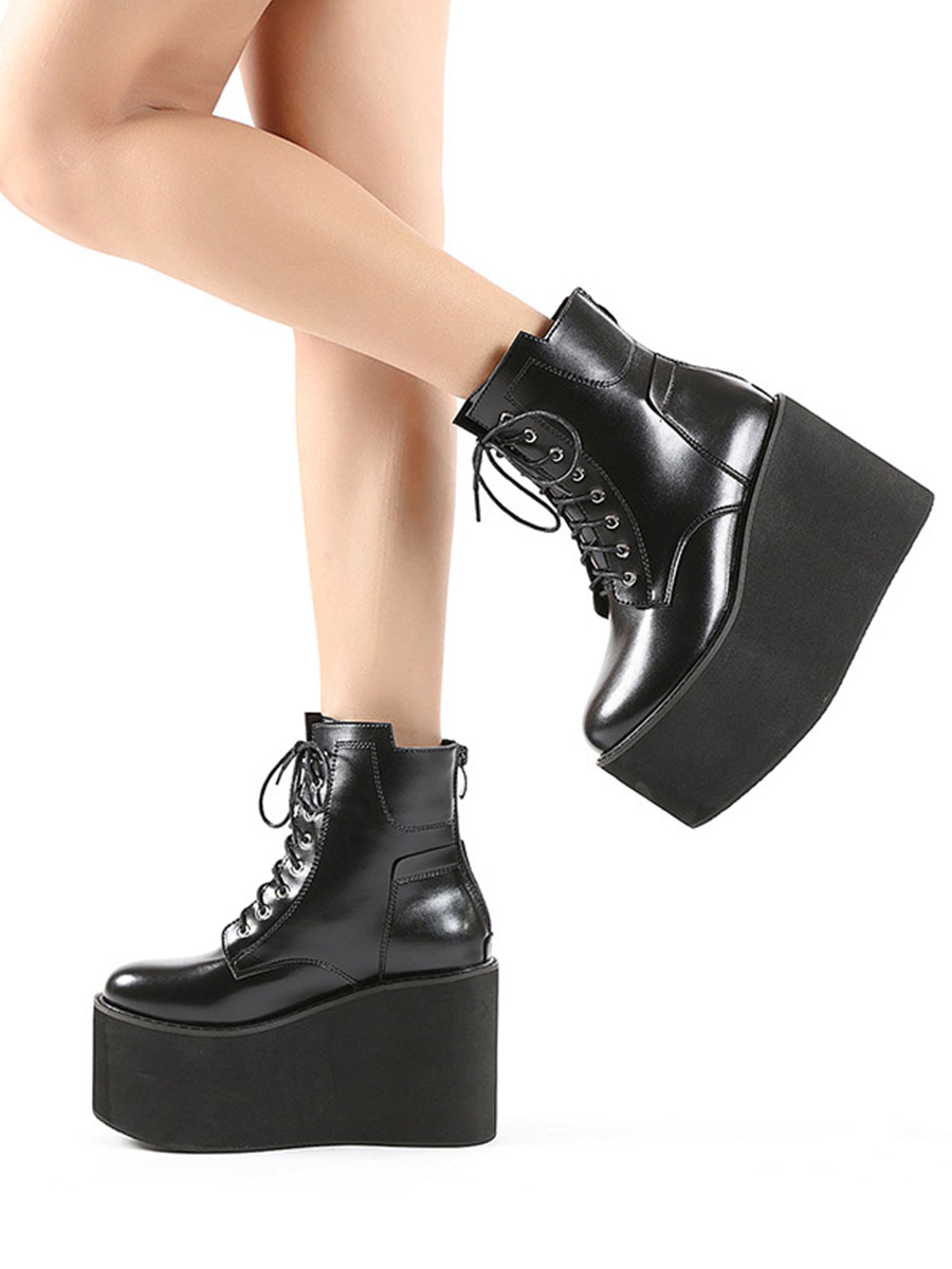 Women's Black Microfiber Lace-Up Zipper Platform Ankle Boots