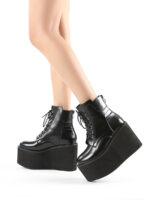 Women's Black Microfiber Lace-Up Zipper Platform Ankle Boots