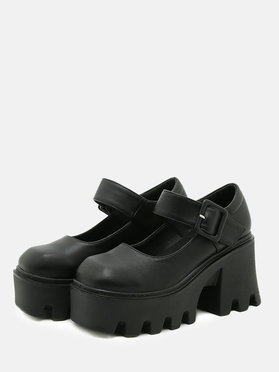 Women's Black Microfiber Platform Mary Jane Buckle Block Heels Shoes