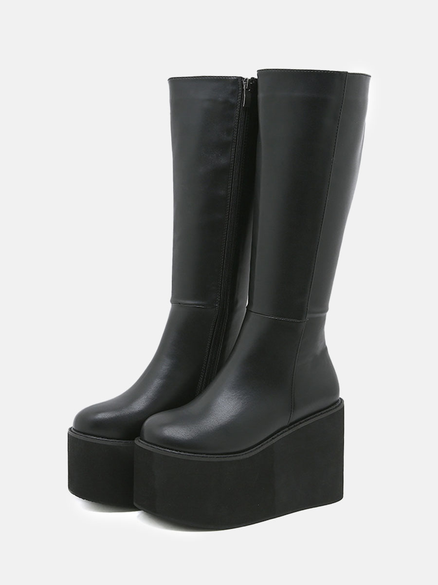 Women’s Black Microfiber Platform Side Zipper Knee High Boots (1)