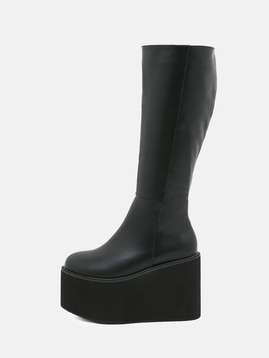 Women's Black Microfiber Platform Side Zipper Knee High Boots