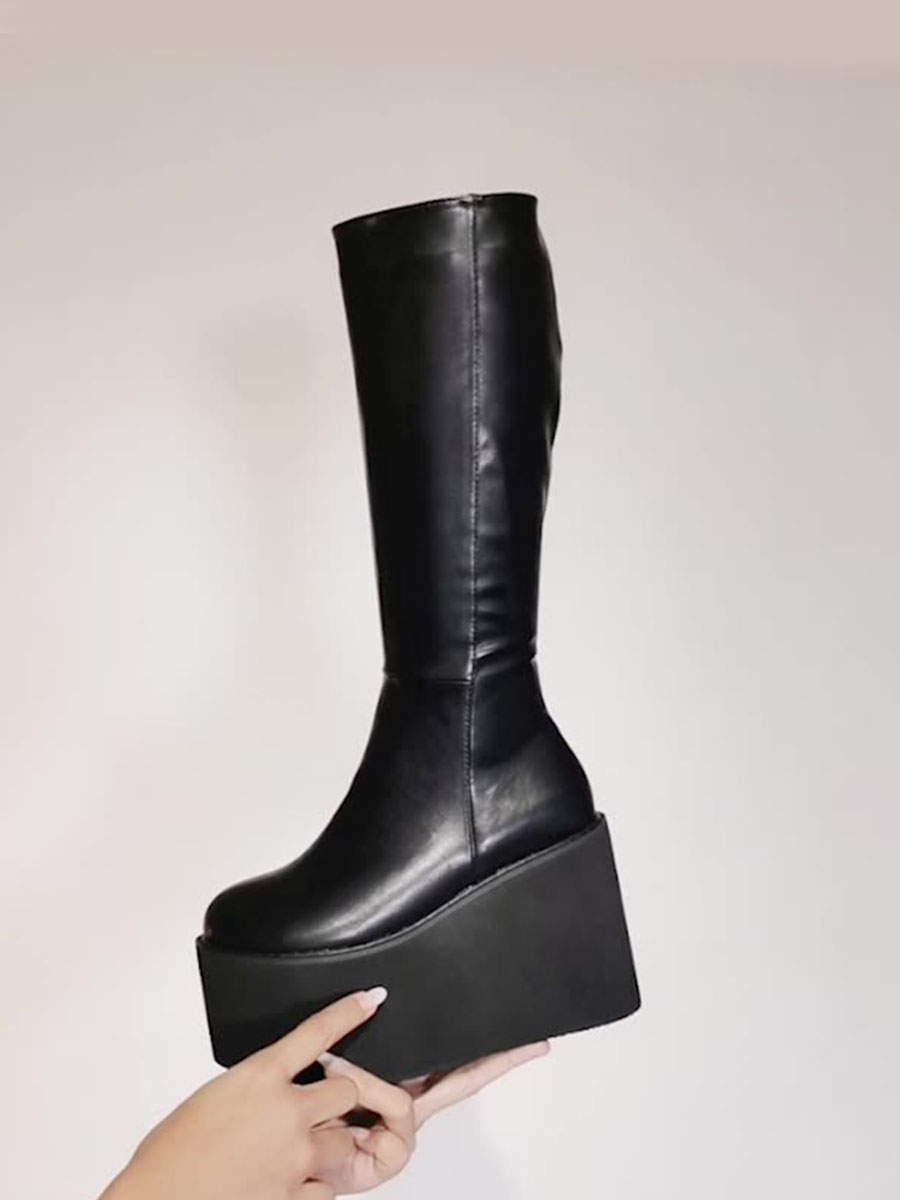 Women's Black Microfiber Platform Side Zipper Knee High Boots