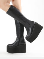 Women's Black Microfiber Platform Side Zipper Knee High Boots
