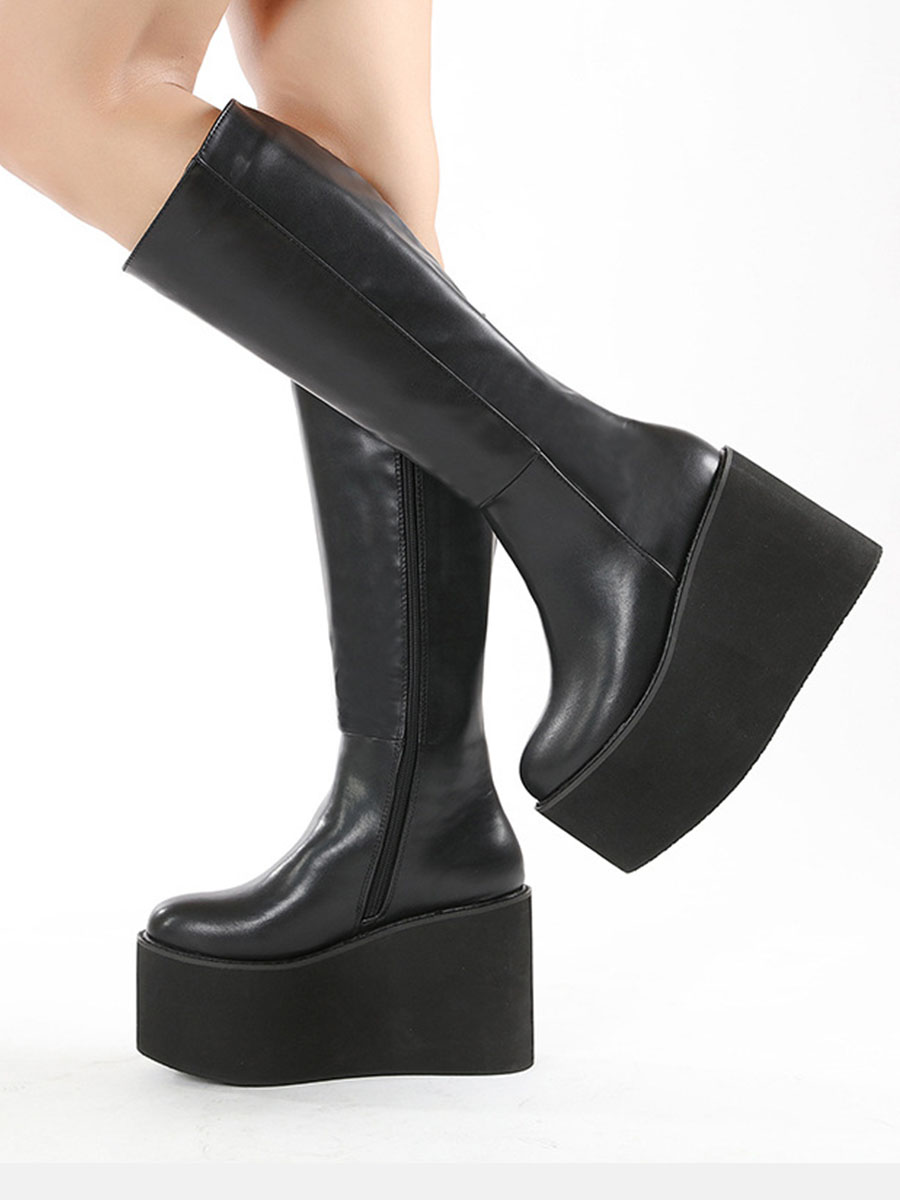Women's Black Microfiber Platform Side Zipper Knee High Boots