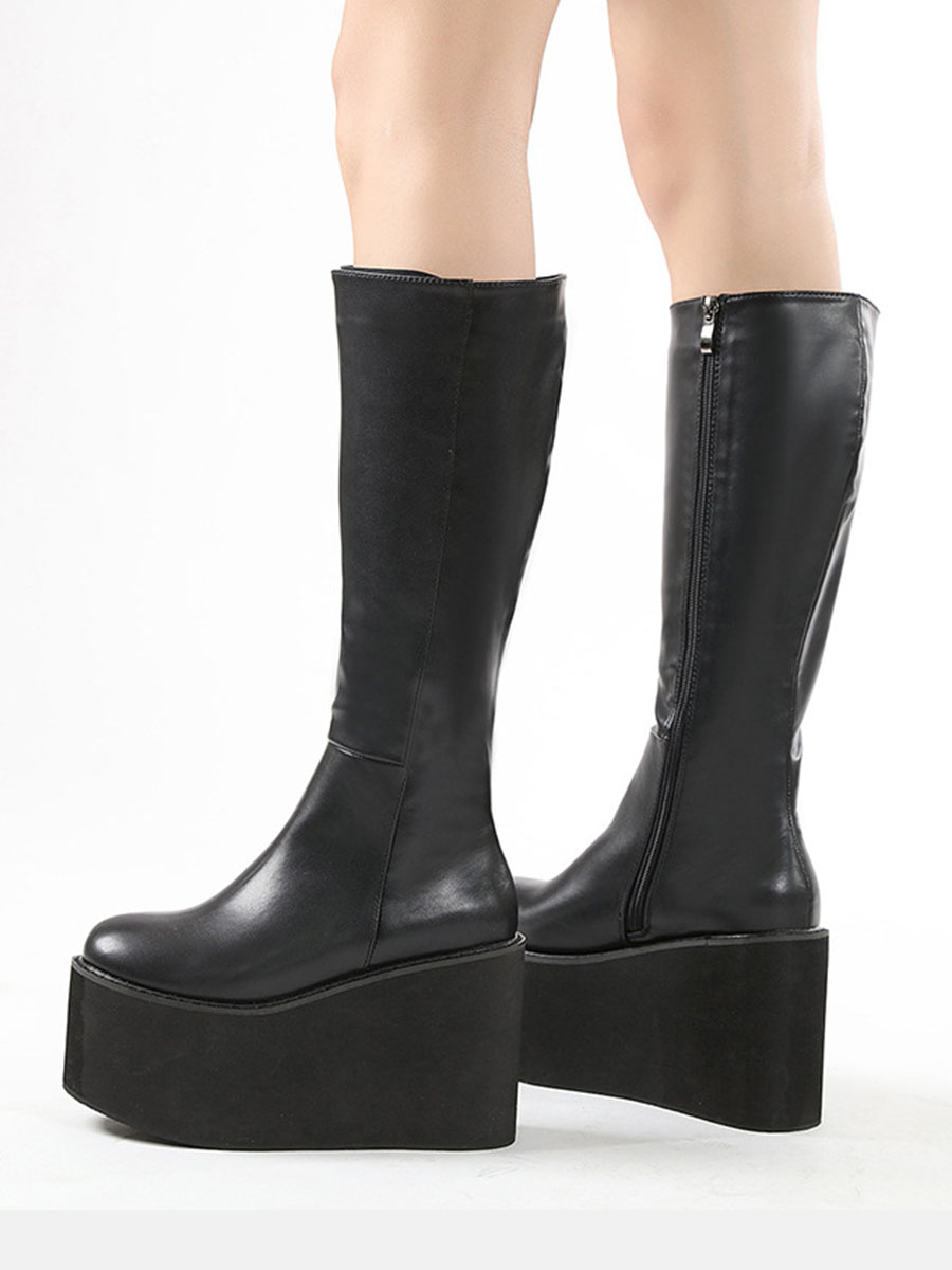Women's Black Microfiber Platform Side Zipper Knee High Boots