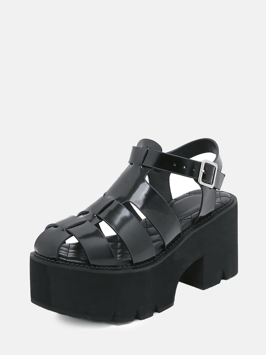 Women's Black PU Buckle Lug Sole Platform Heels Gladiator Sandals