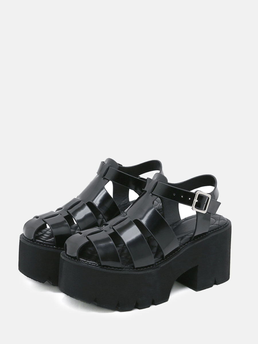 Women’s Black PU Buckle Lug Sole Platform Heels Gladiator Sandals (2)