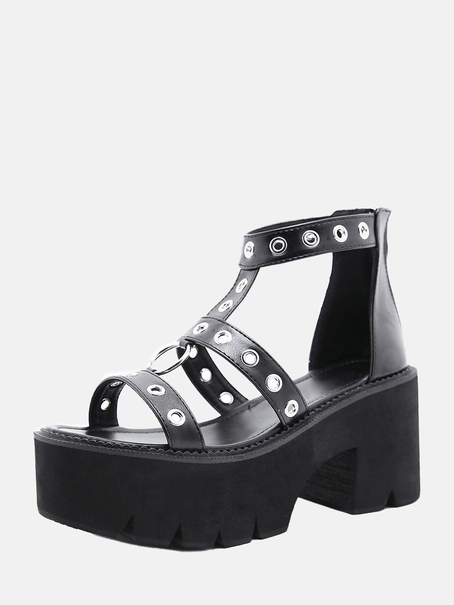 Women’s Black PU Buckle Metal Ring T-Strap Platform Block Heel Sandals (1)