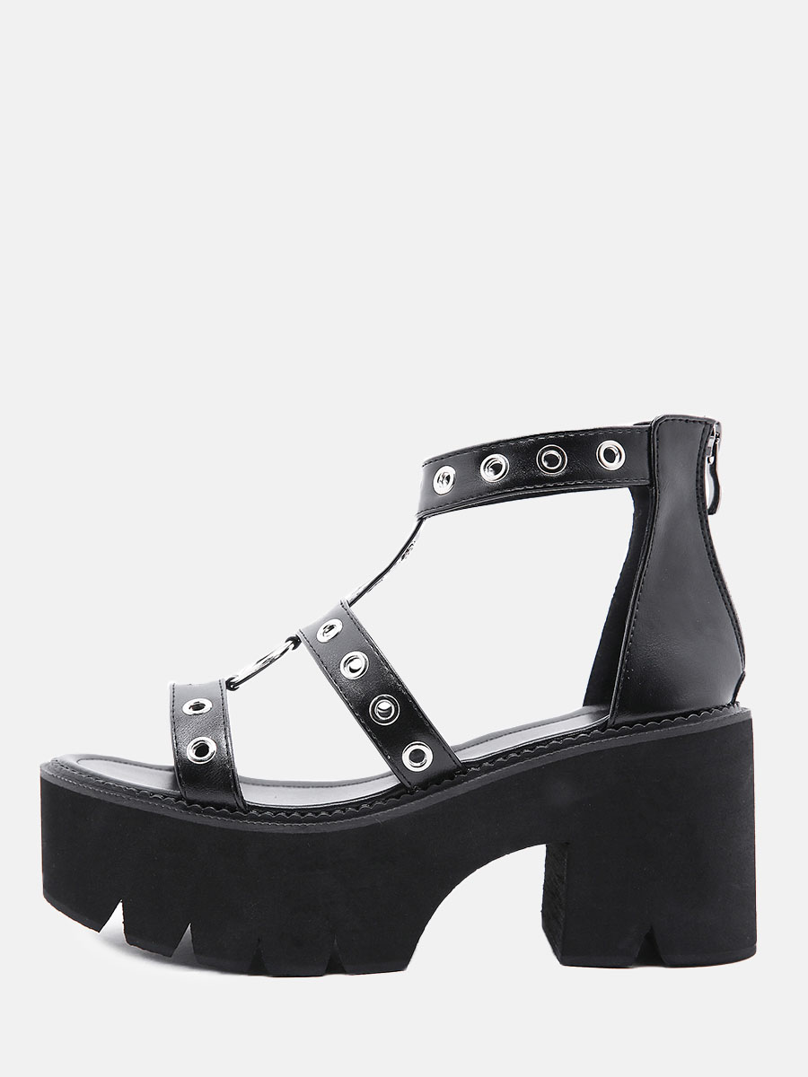 Women's Black PU Buckle Metal Ring T-Strap Platform Block Heel Sandals