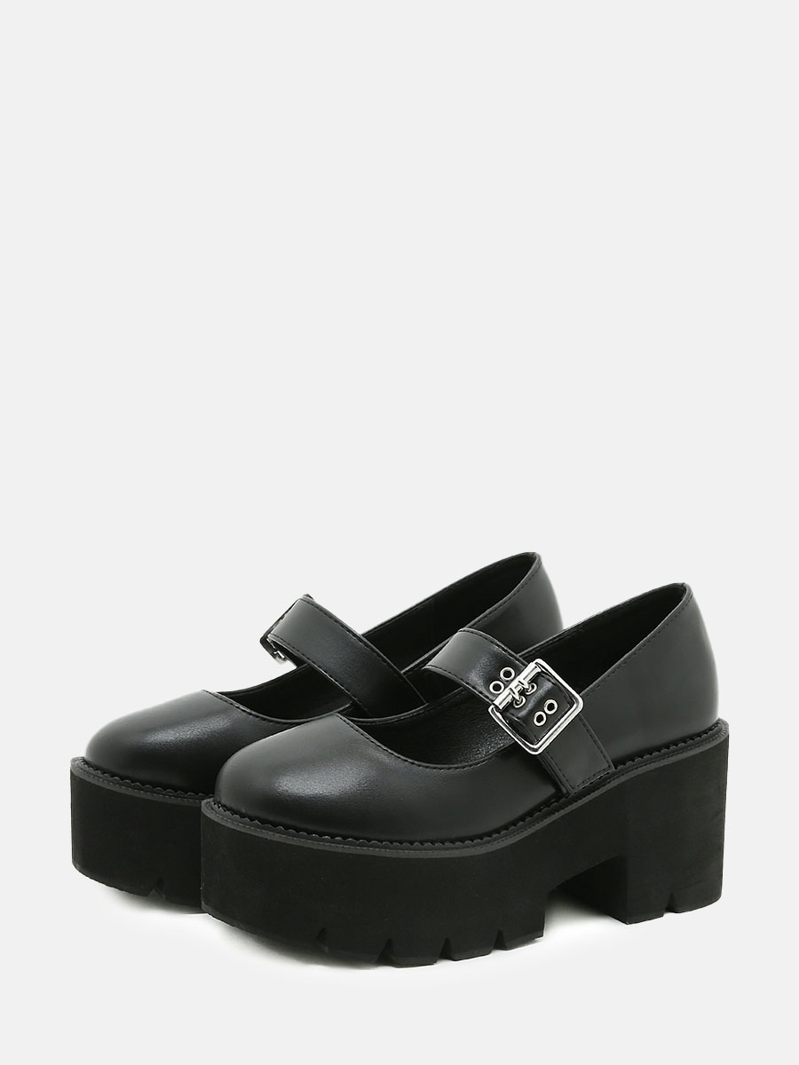 Women’s Black PU Buckle Platform Block Heels Mary Jane Shoes (1)
