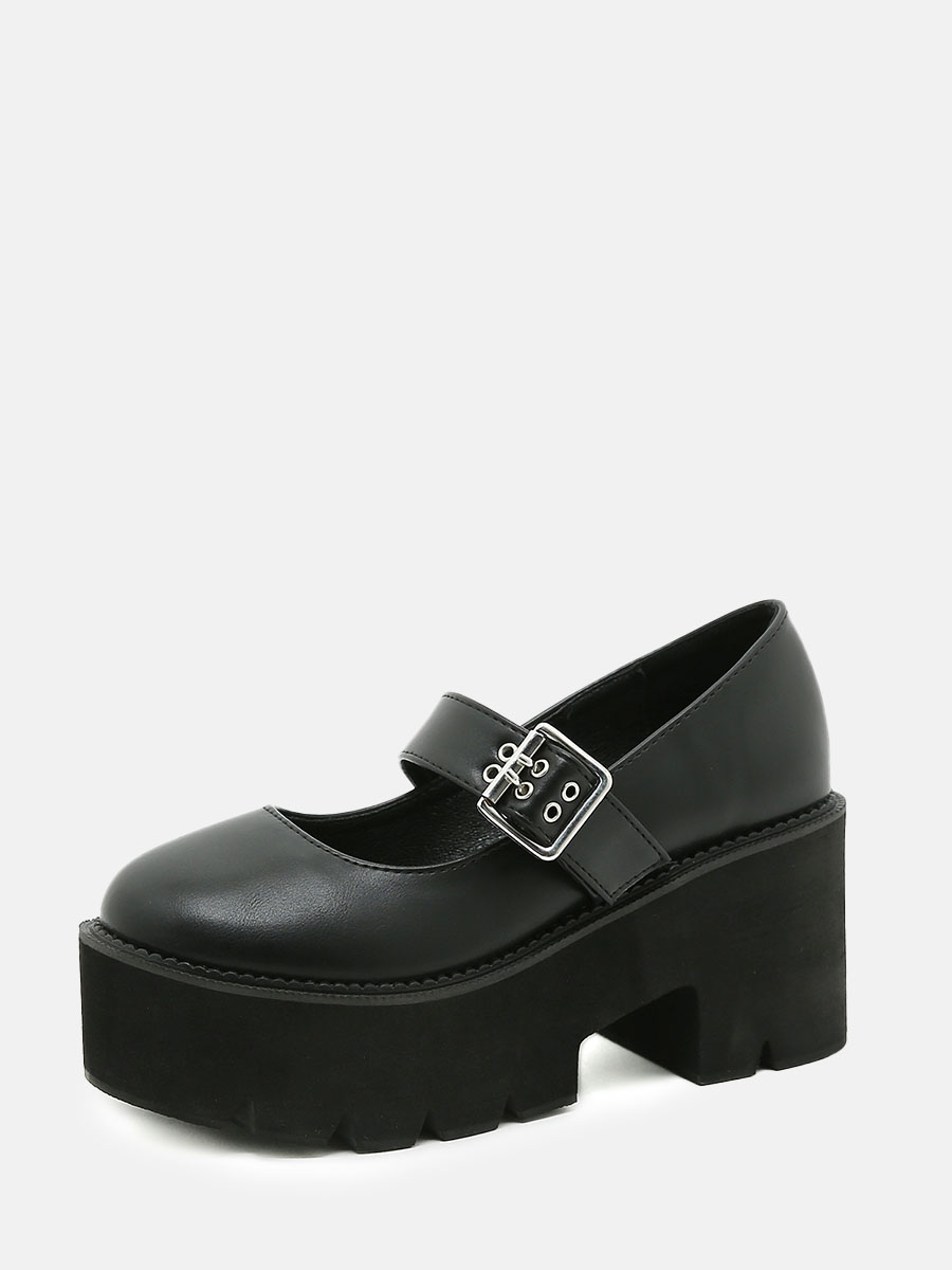 Women's Black PU Buckle Platform Block Heels Mary Jane Shoes