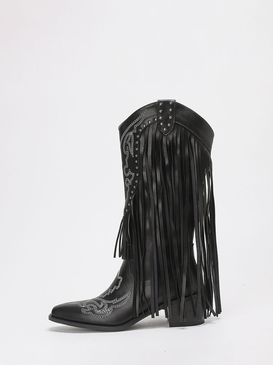 Women’s Black PU Embossed Fringe Block Heels Studded Mid Calf Western Boots
