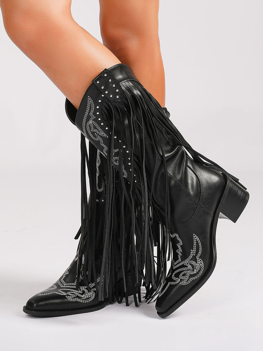 Women’s Black PU Embossed Fringe Block Heels Studded Mid Calf Western Boots (5)