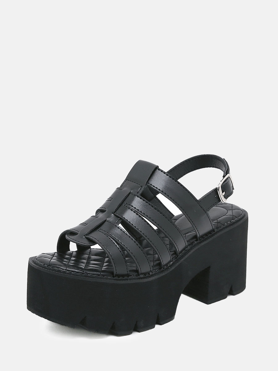 Women's Black PU Lug Sole Platform Heels Buckle Gladiator Sandals