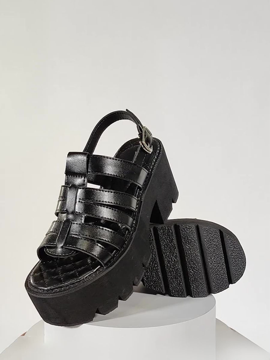 Women’s Black PU Lug Sole Platform Buckle Gladiator Sandals (2)