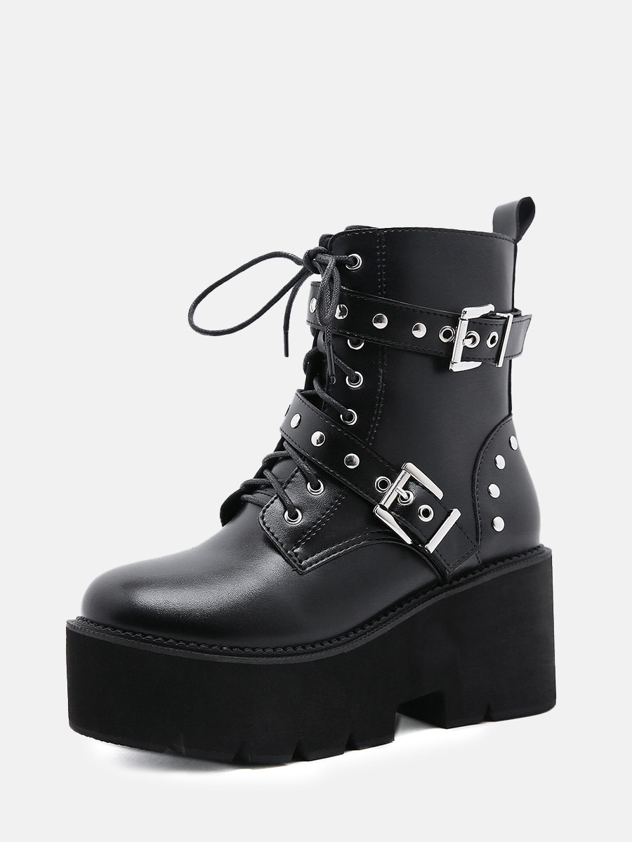 Women’s Black PU Studded Buckle Lug Sole Platform Block Heels Ankle Boots (1)