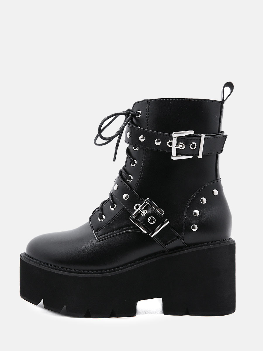 Women's Black PU Studded Buckle Lug Sole Platform Block Heels Ankle Boots
