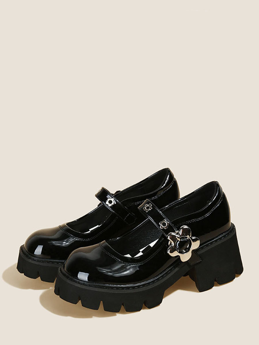 Women’s Black Patent Leather Flower Buckle Mary Jane Platform Block Heels (1)
