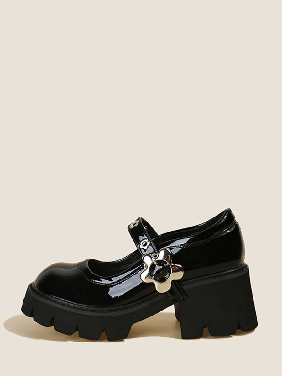 Women’s Black Patent Microfiber Flower Buckle Mary Jane Platform Block Heels Loafers