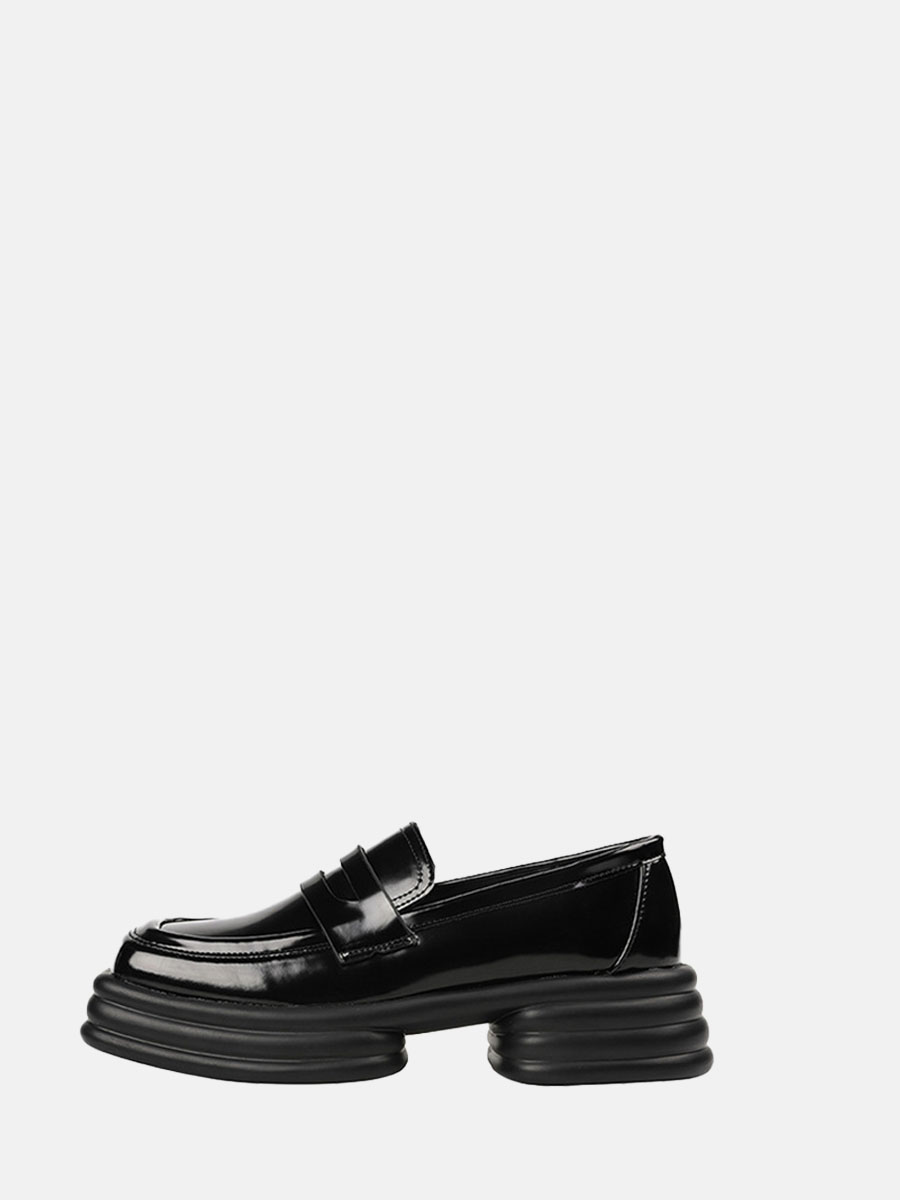 Women's Black Patent Microfiber Platform Block Heels Square Toe Loafers