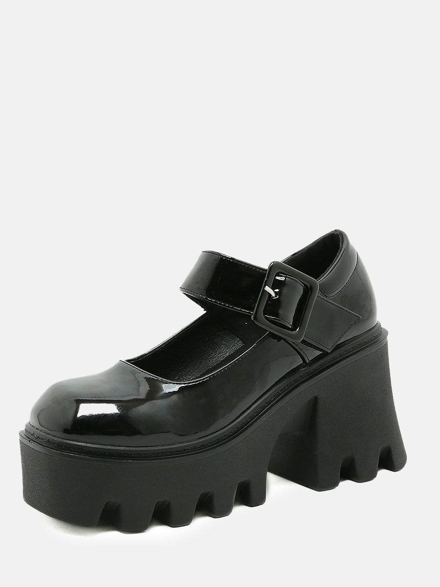 Women’s Black Patent Microfiber Platform Mary Jane Buckle Block Heels Shoes (2)