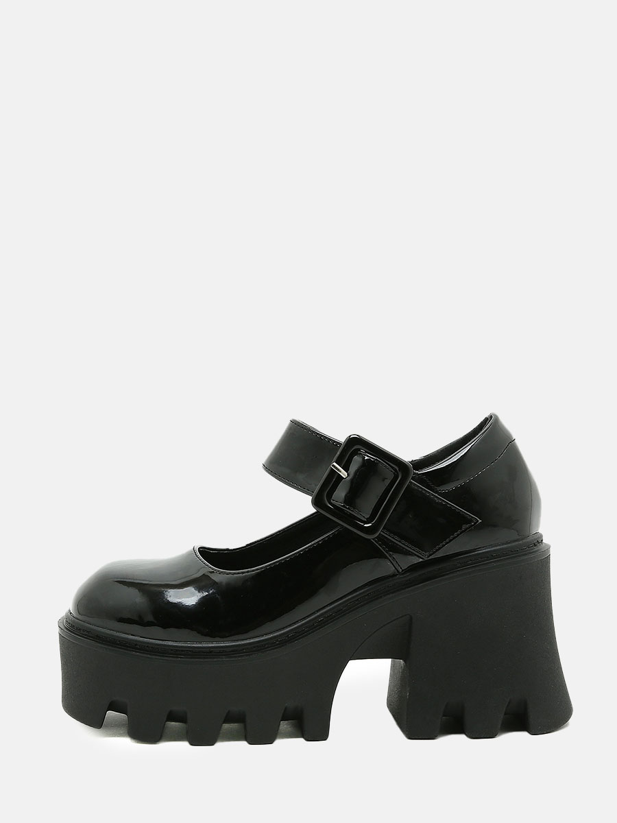 Women's Black Patent Microfiber Platform Mary Jane Buckle Block Heels Shoes