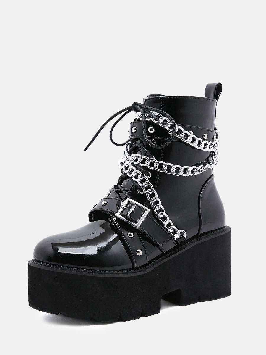 Women's Black Patent PU Chain Buckle Lug Sole Platform Block Heels Ankle Boots