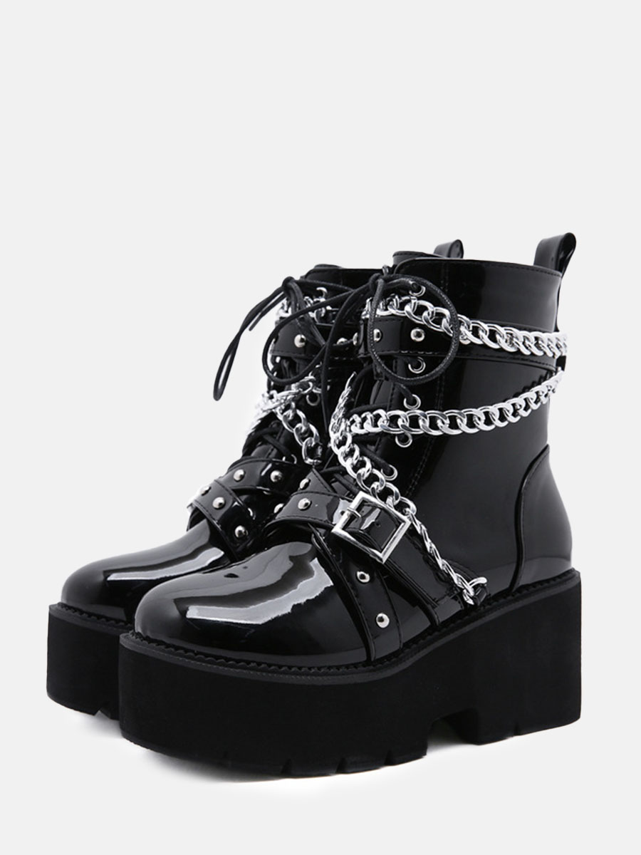 Women’s Black Patent PU Chain Buckle Lug Sole Platform Block Heels Ankle Boots (2)