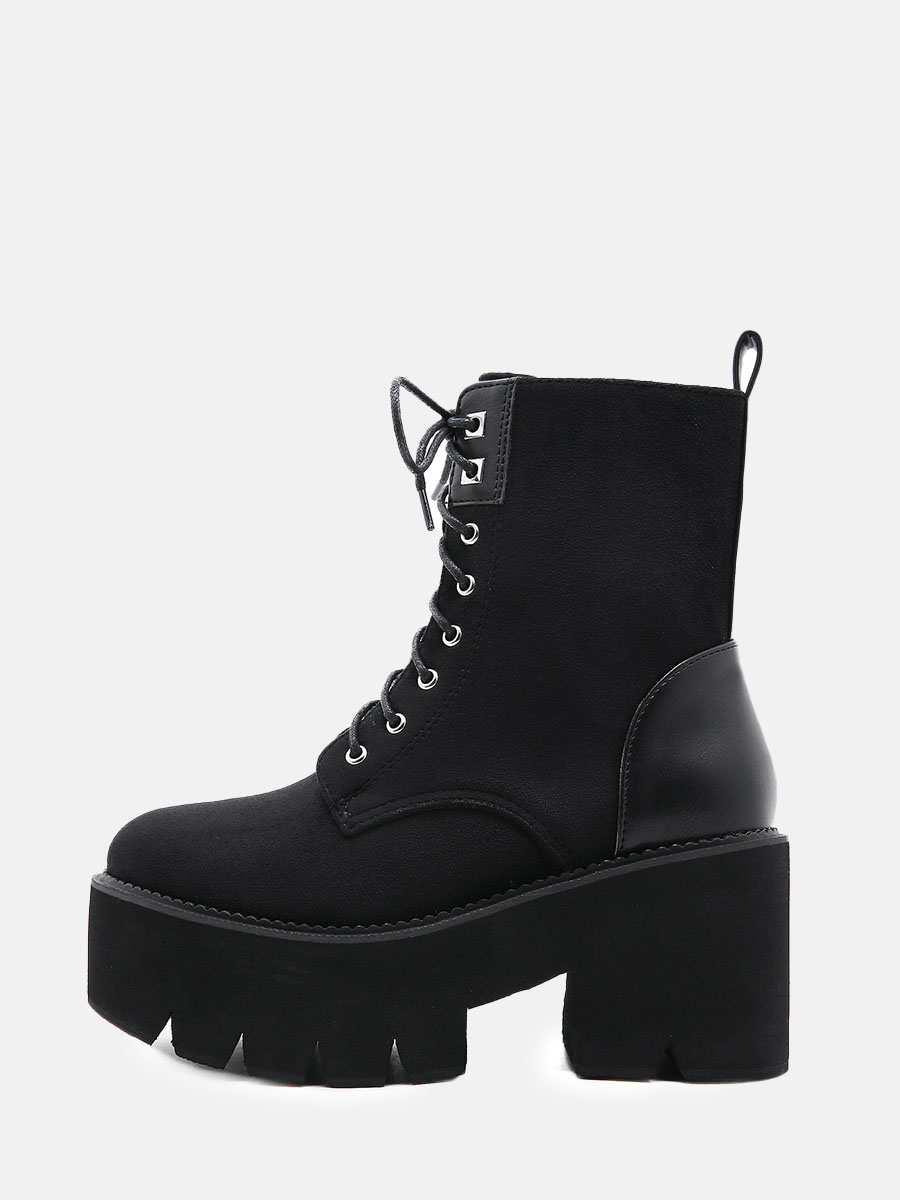 Women's Black Suede Lace-Up Lug Sole Platform Block Heels Ankle Boots