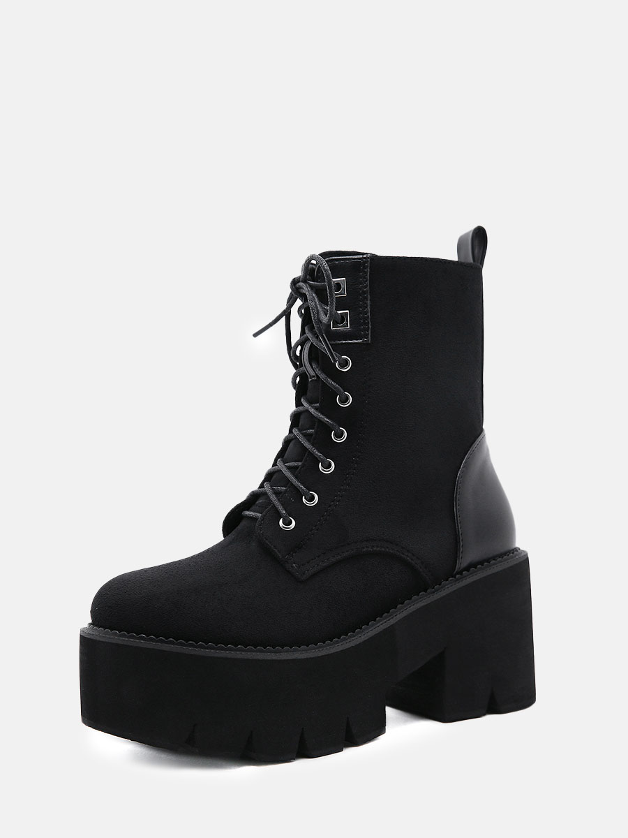 Women’s Black Suede Lace-Up Lug Sole Platform Block Heels Ankle Boots (2)