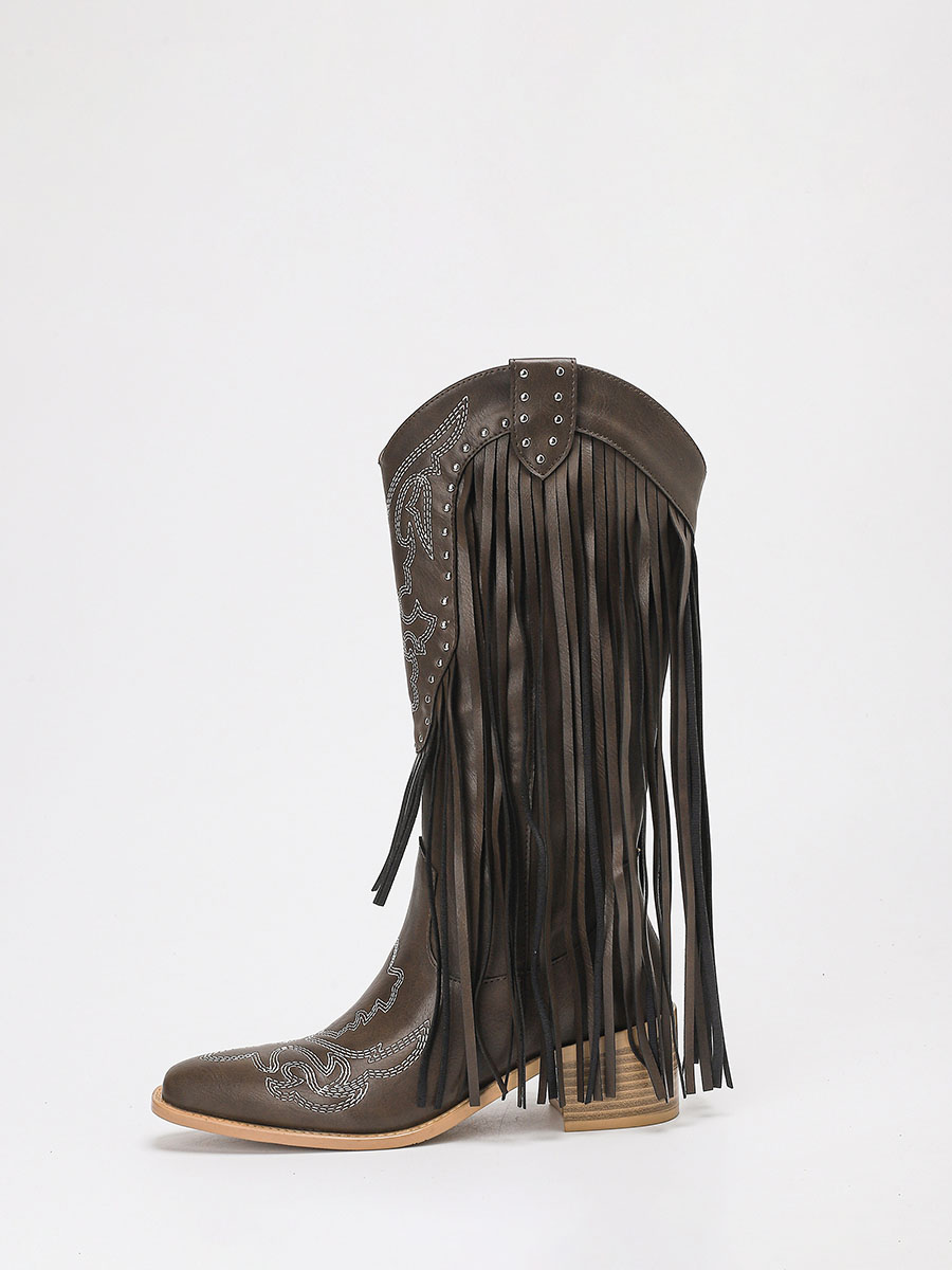 Women’s Brown PU Embossed Fringe Block Heels Studded Mid Calf Western Boots