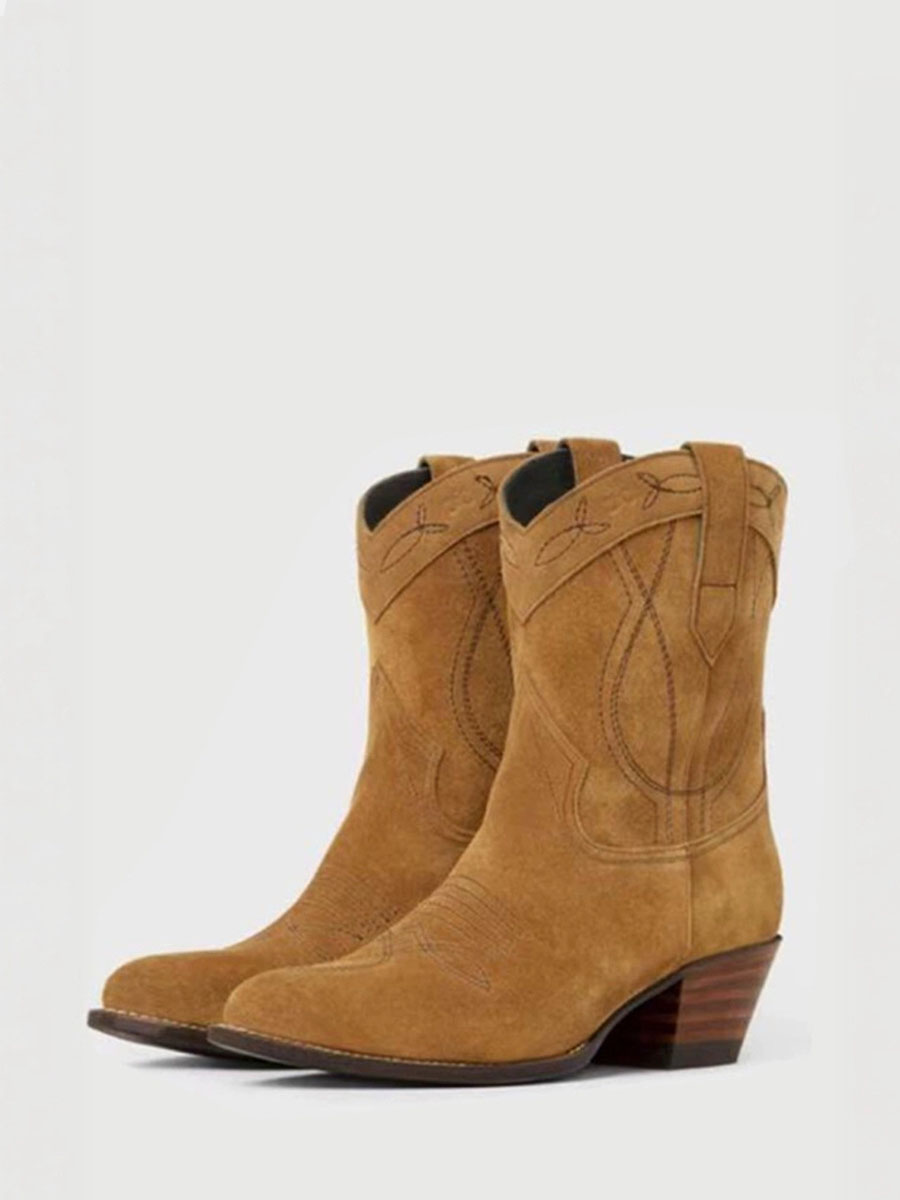 Women’s Brown Suede Cowhide Embroidered Block Heel Western Ankle Boots