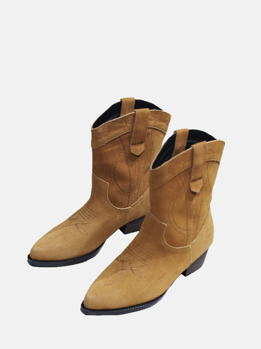 Women’s Brown Suede Cowhide Embroidered Block Heels Mid Calf Boots (4)