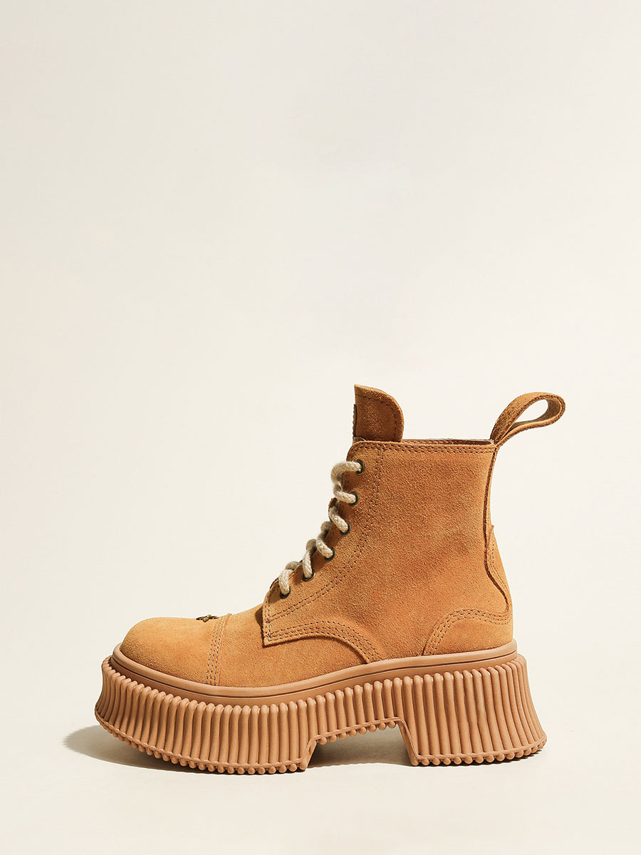 Women’s Brown Suede Leather Front Lace Up Round Toe Platform Block Heels Ankle Boots