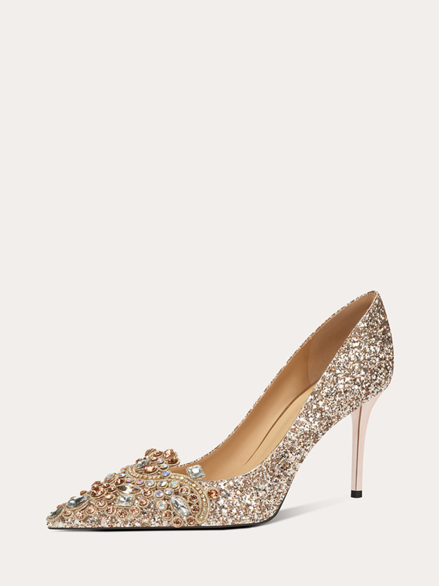 Women’s Champagne Glitter Rhinestone Stiletto Heels Pointed Toe Wedding Pumps