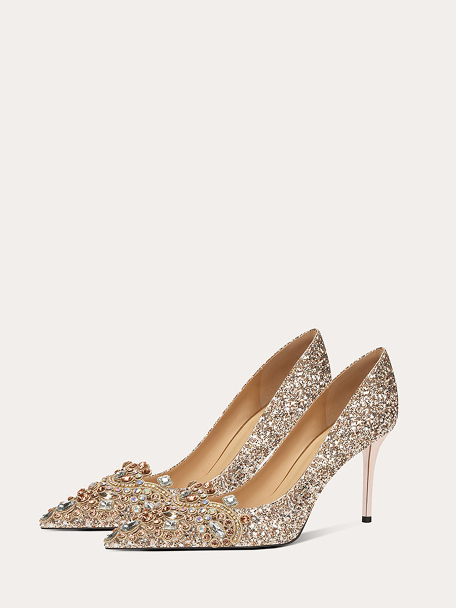 Women’s Champagne Glitter Rhinestone Stiletto Heels Pointed Toe Wedding Pumps (3)