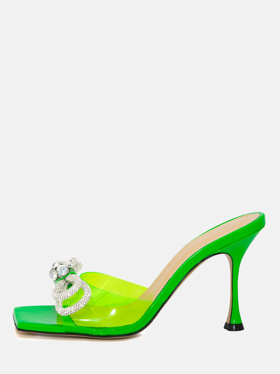 Women's Clear Rhinestone Bow Square Toe Stiletto Heels Mules