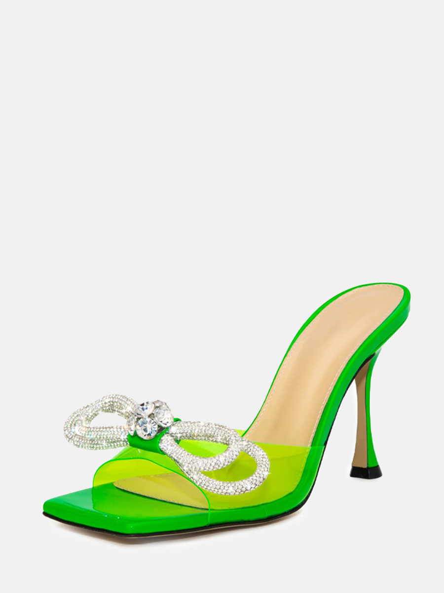 Women’s Clear Rhinestone Bow Square Toe Stiletto Heels Mules (8)