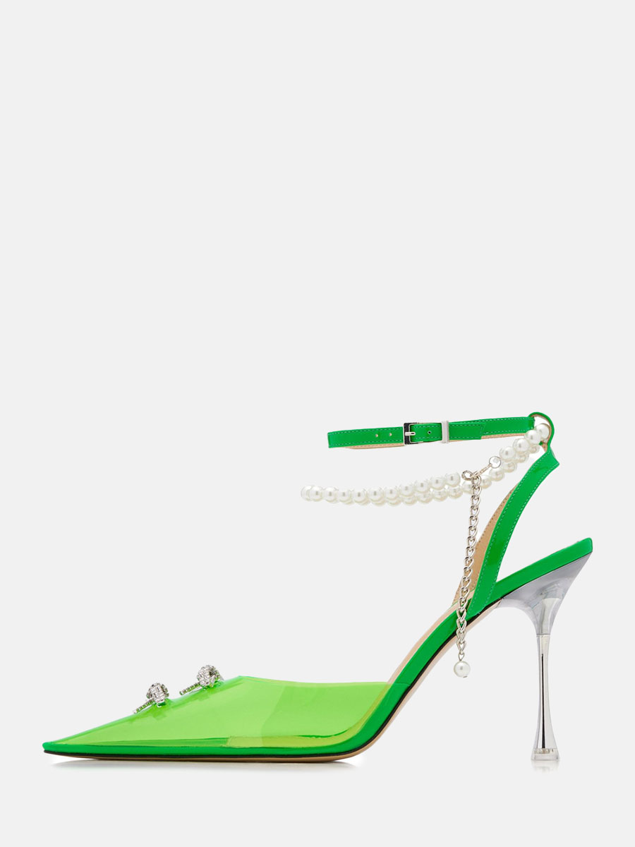 Women's Clear TPU Pearl Ankle Strap Rhinestone Bows Stiletto Heels